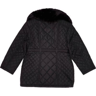 Mini girls black quilted faux-fur trim coat